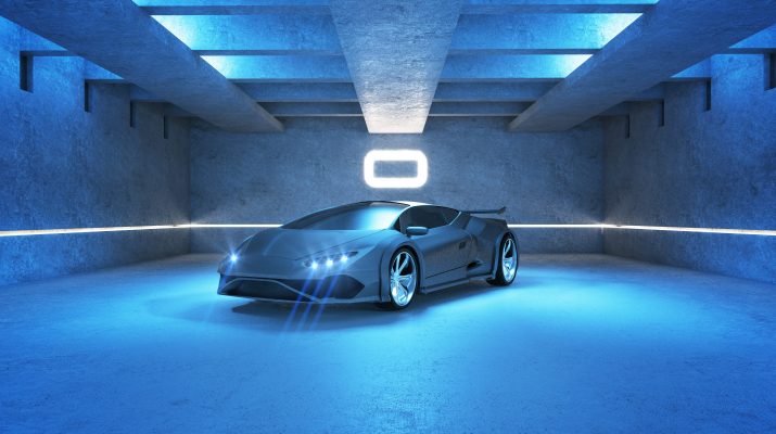 Blue spots car in modern garage interior. Race and transport concept. 3D Rendering