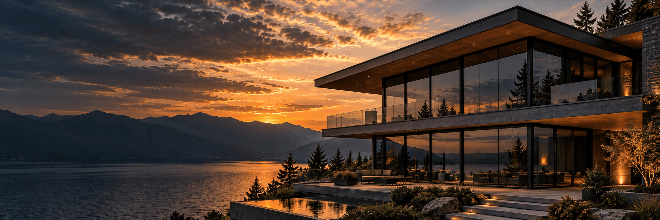 Lakeside home with dark charcoal glazing at sunset