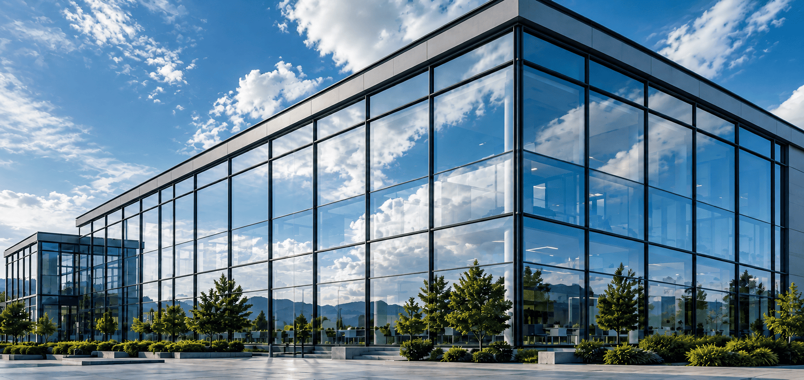 Silver-blue mirrored office facade reflecting a bright sky and soft clouds