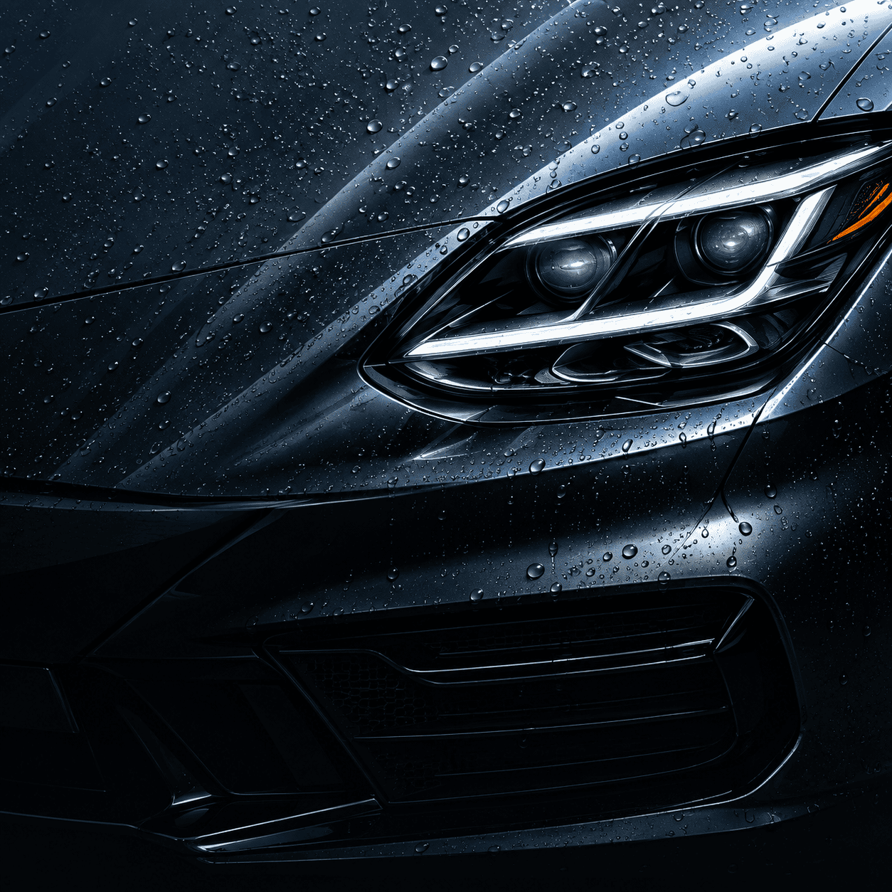 Water beads on a protected dark sports car hood and headlight